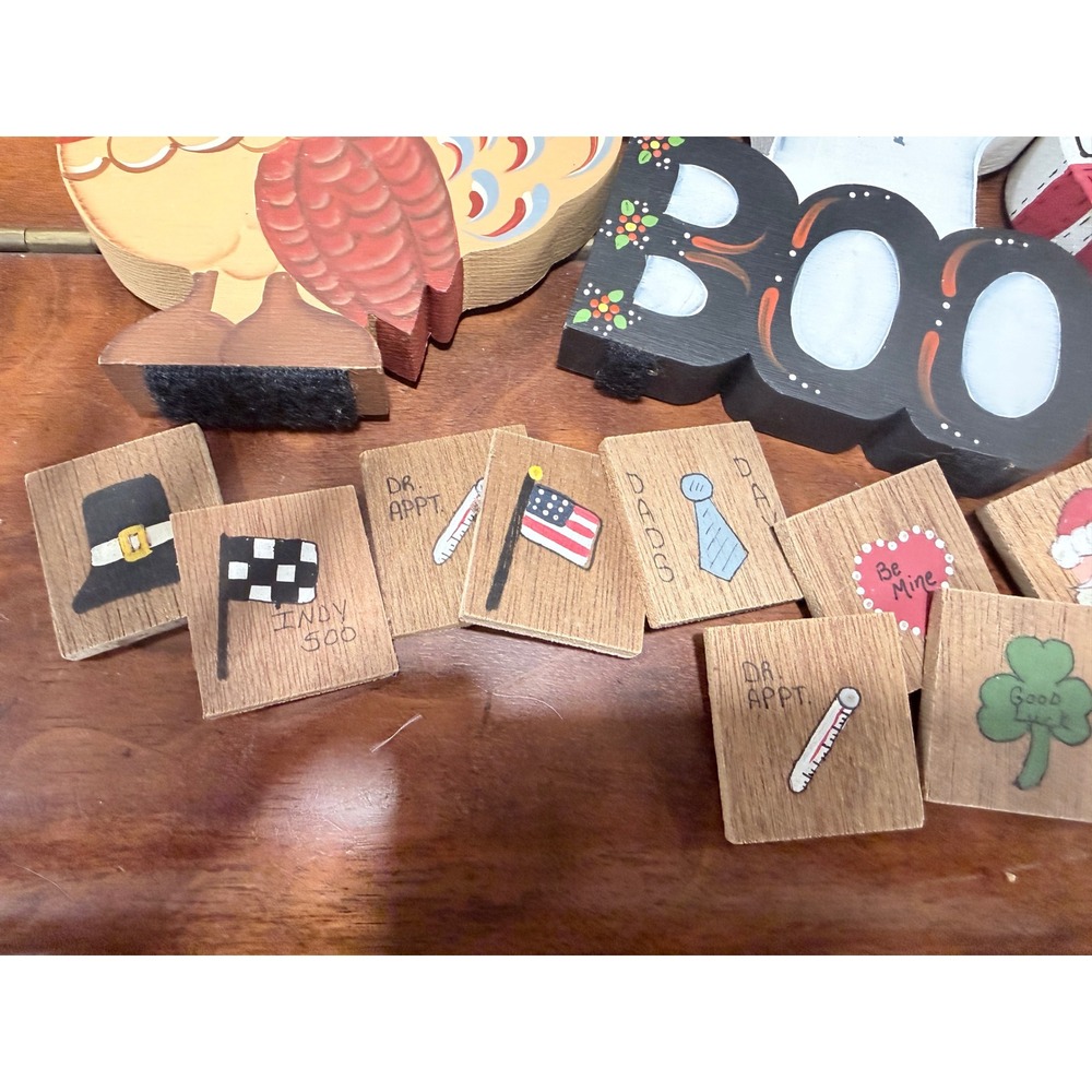 23-Vintage Hand Painted Wooden Holiday Calendar Accessories Seasonal Toppers Set